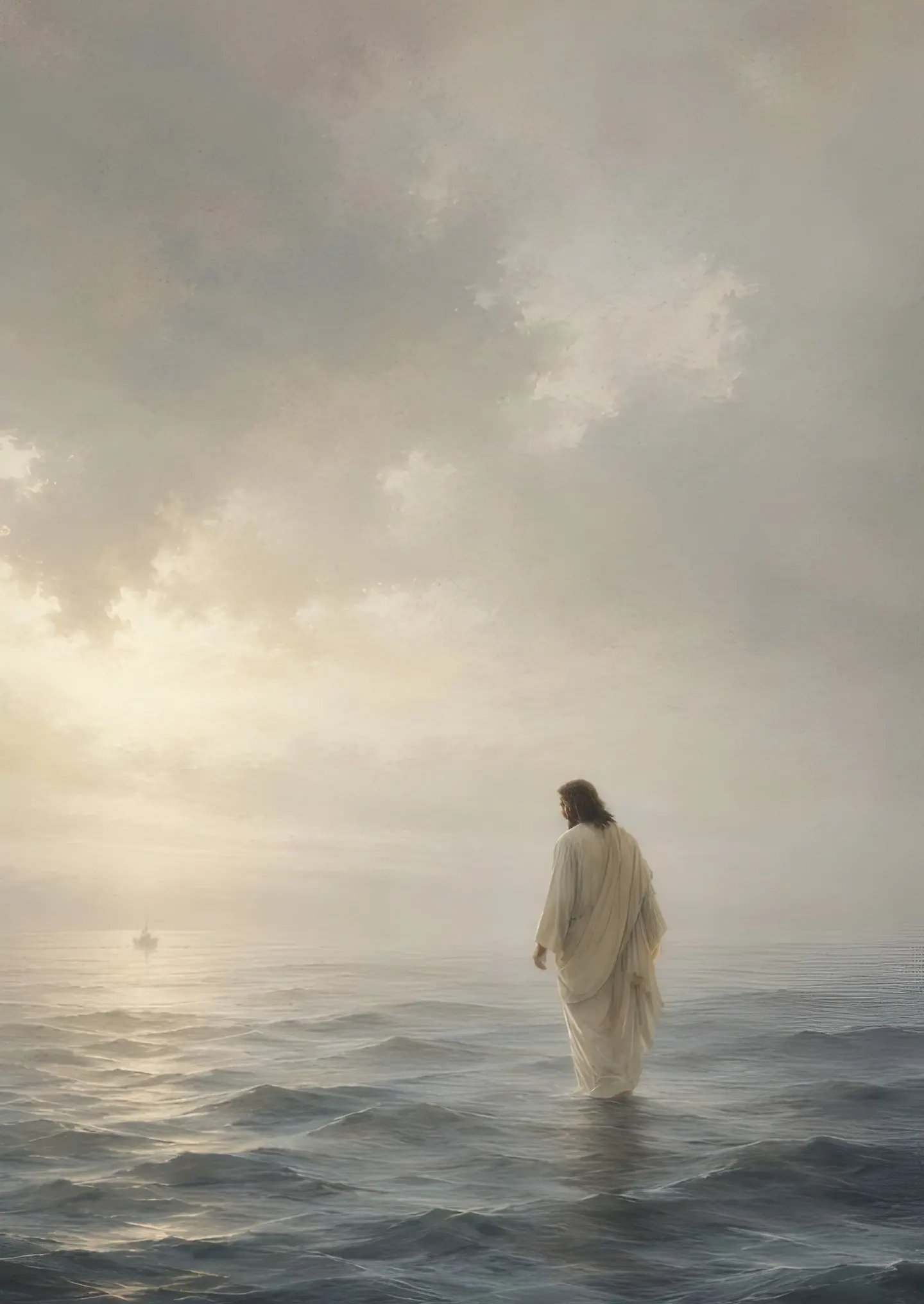 IN THE DISTANCE, Mateo 14:24. Arte de la serie TAKE HEART de PATMOS.